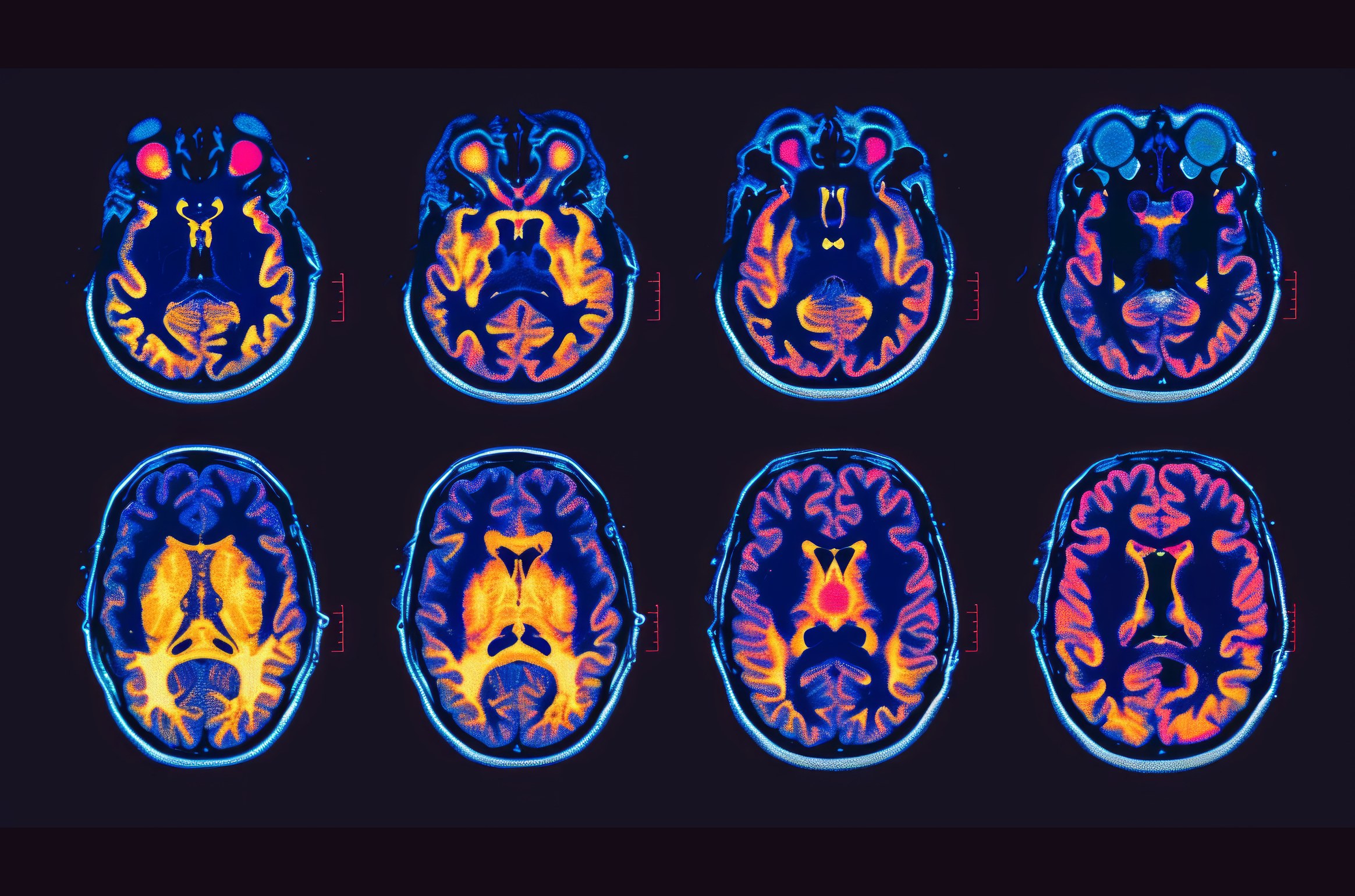 Color-mapped MRI brain scans in two rows